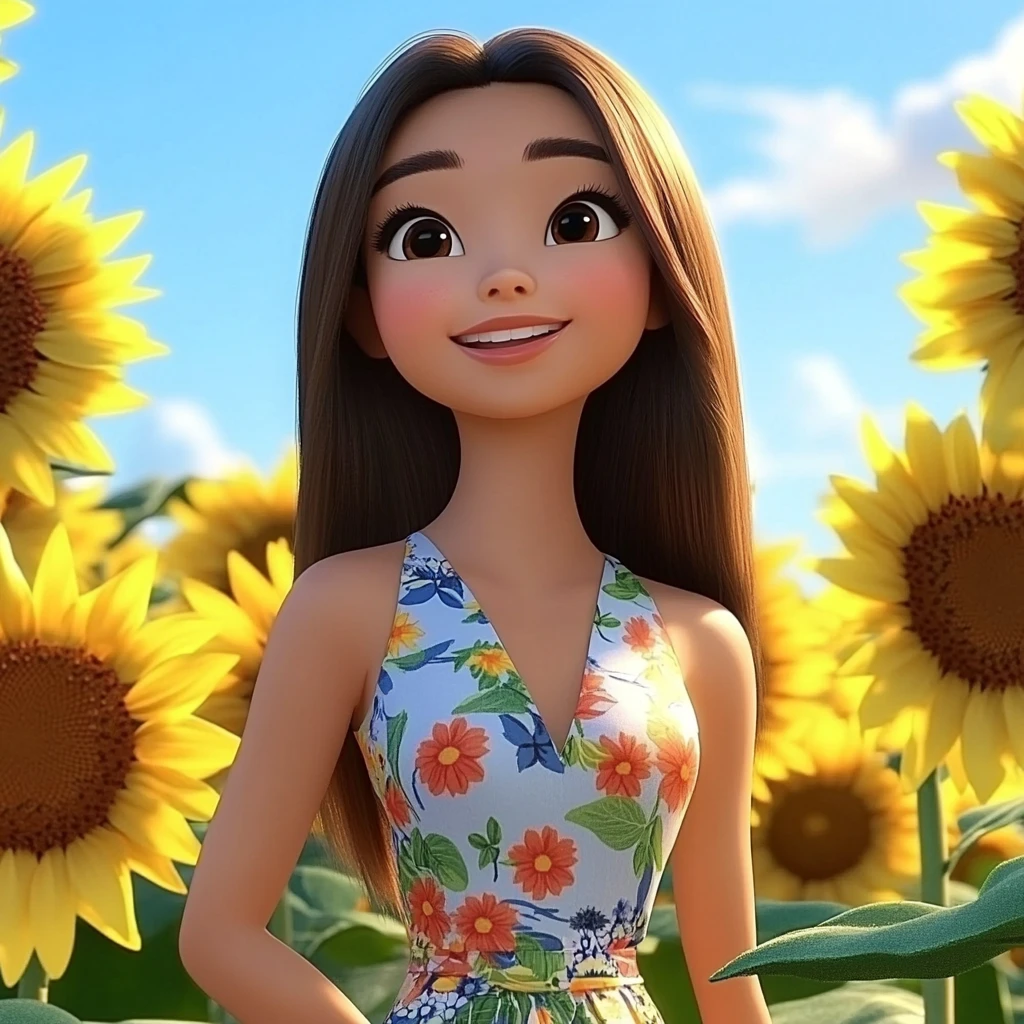 Girl Long Brown Hair Floral Dress Sunflower Field 3d Animation