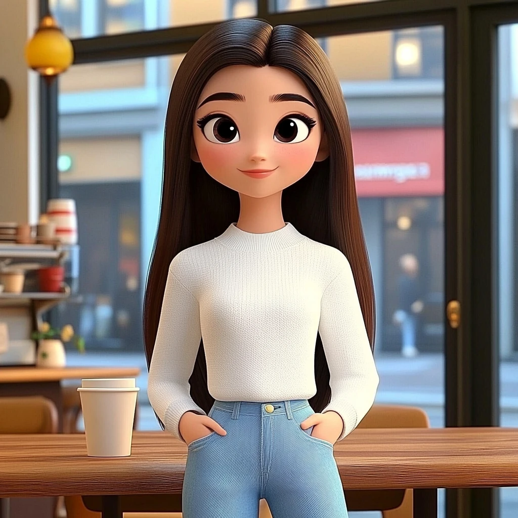 Girl Long Brown Hair White Sweater Light Blue Jeans Coffee Shop 3d Animation