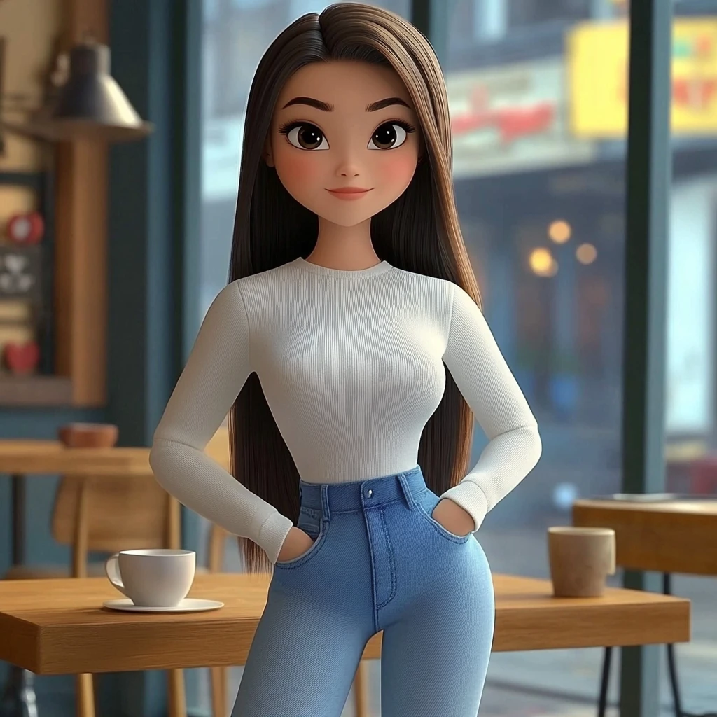 Girl Long Brown Hair White Top Blue Jeans Cafe Interior 3d Animation