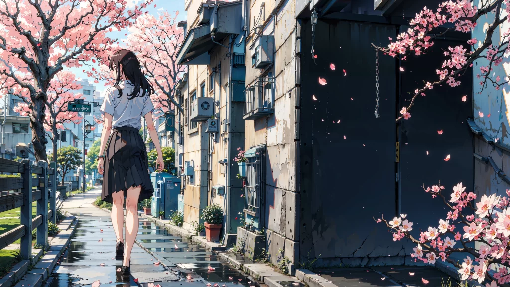 Girl Pink Blue Cherry Blossoms Urban