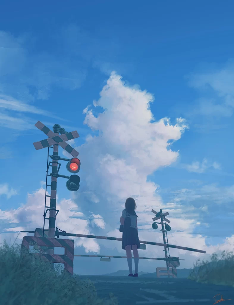Girl Railway Crossing Blue Sky White