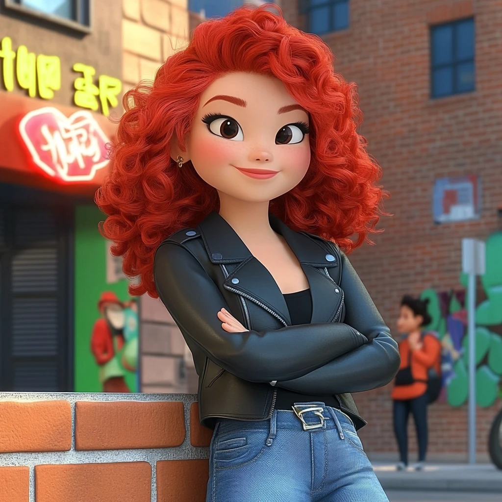 Girl Red Curly Hair Black Leather Jacket Blue Jeans City Street 3d Animation