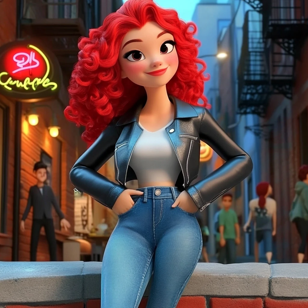 Girl Red Curly Hair Leather Jacket Jeans City Street 3d Animation