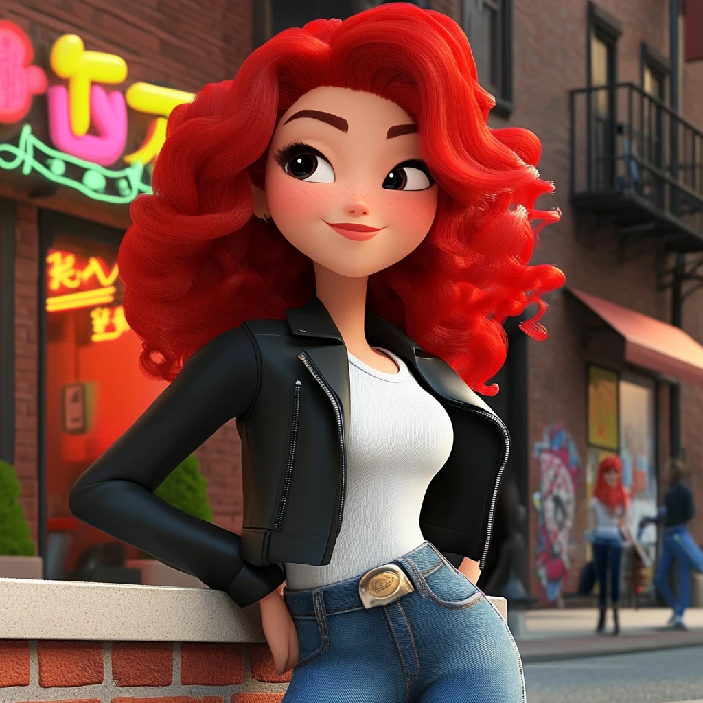 Girl Red Hair Black Leather Jacket White Top Blue Jeans Urban Street 3d Animation
