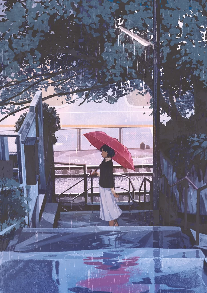 Girl Red Umbrella Rain Blue Green