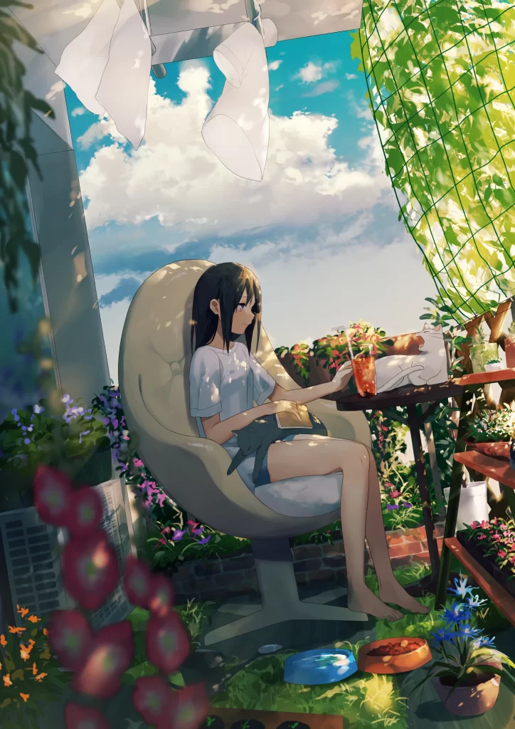 Girl Relaxing Green Blue Flowers Sunlight