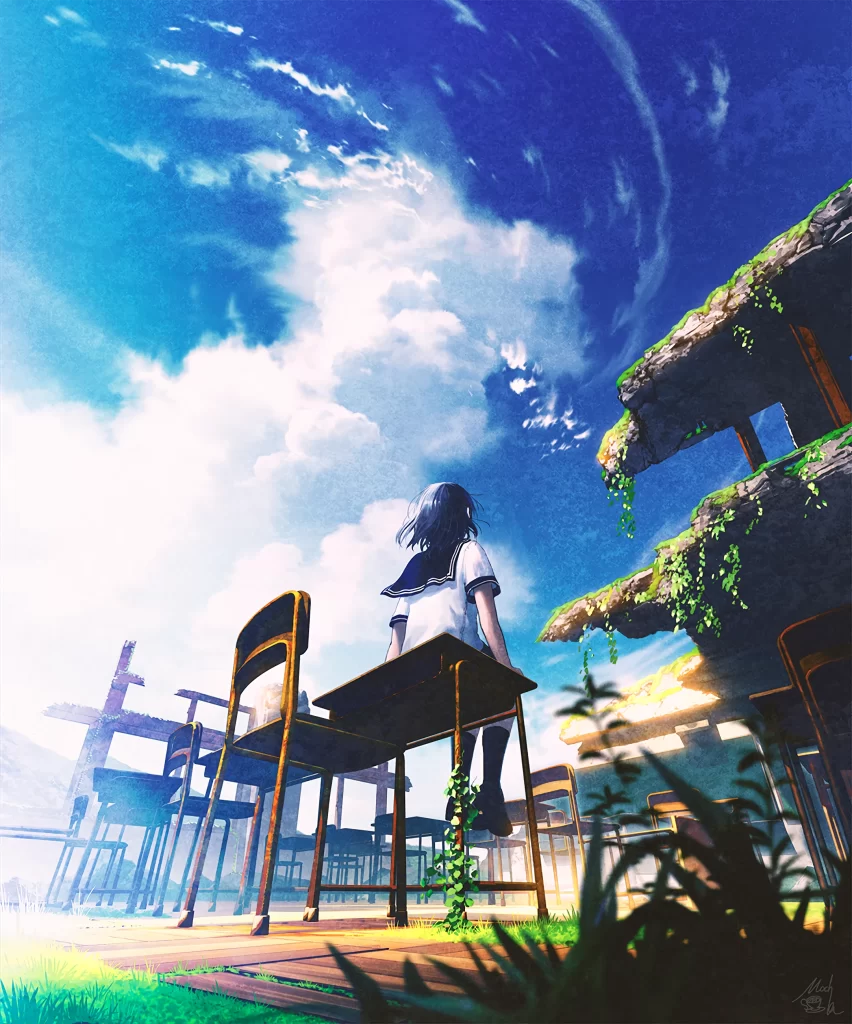 Girl School Uniform Blue Sky Clouds
