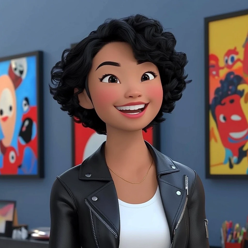 Girl Short Curly Black Hair Black Leather Jacket White Top Blue Wall Colorful Artwork 3d Animation