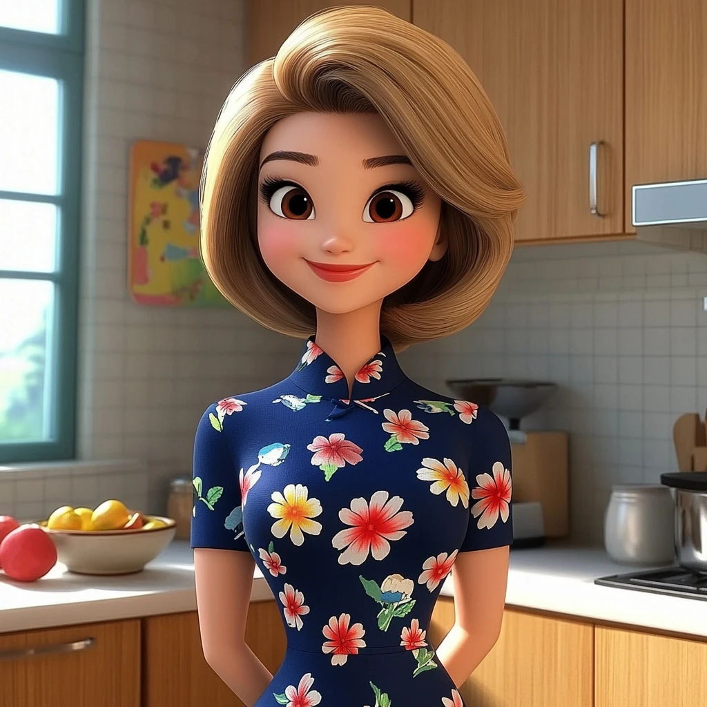 Girl Short Hair Floral Dress Kitchen 3d Animation