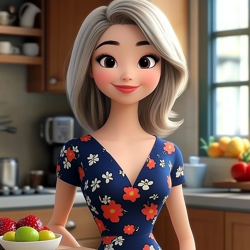 Girl Silver Hair Floral Dress Kitchen 3d Animation