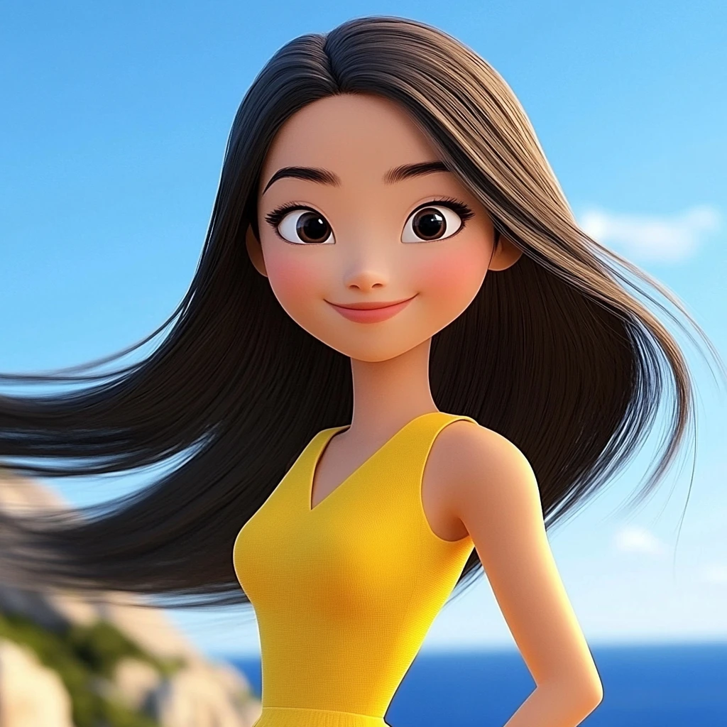 Girl Sundress Long Hair Ocean 3D Animation