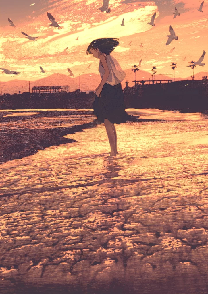 Girl Sunset Orange Yellow Beach