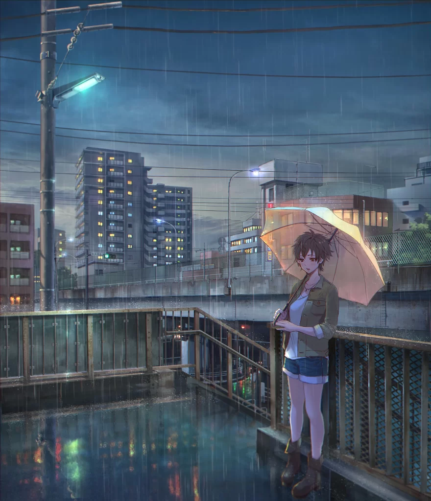 Girl Umbrella Rainy Cityscape Blue Dark