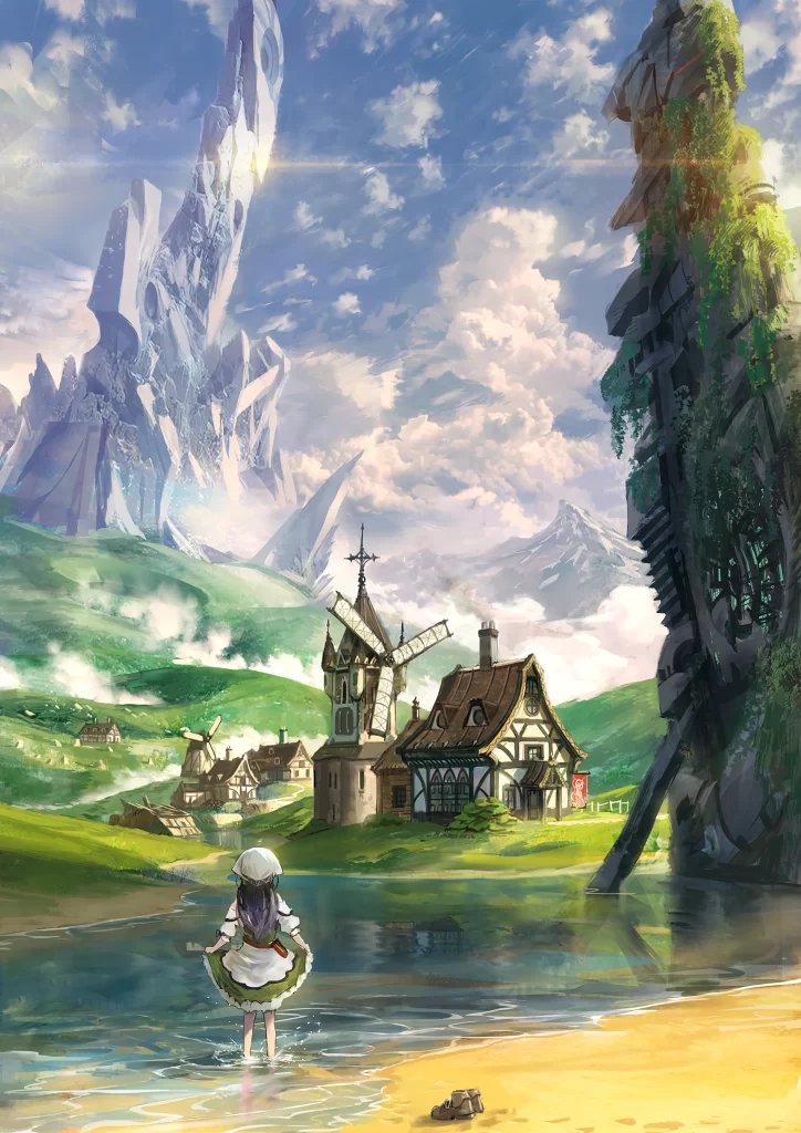 Girl Water Houses Mountains Blue Green