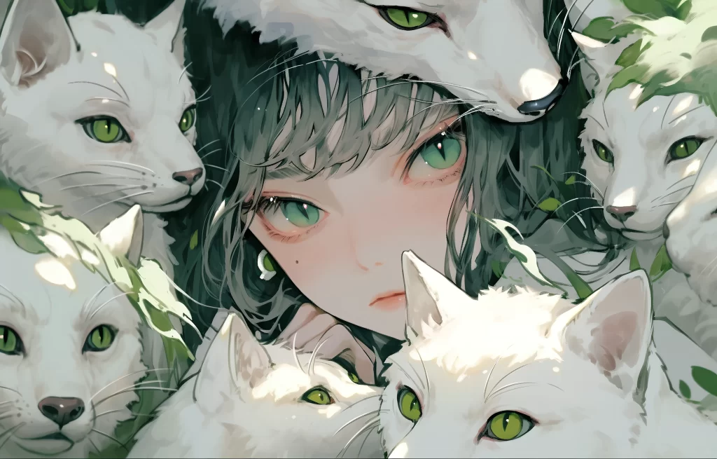 Girl White Cats Green Eyes Pastel