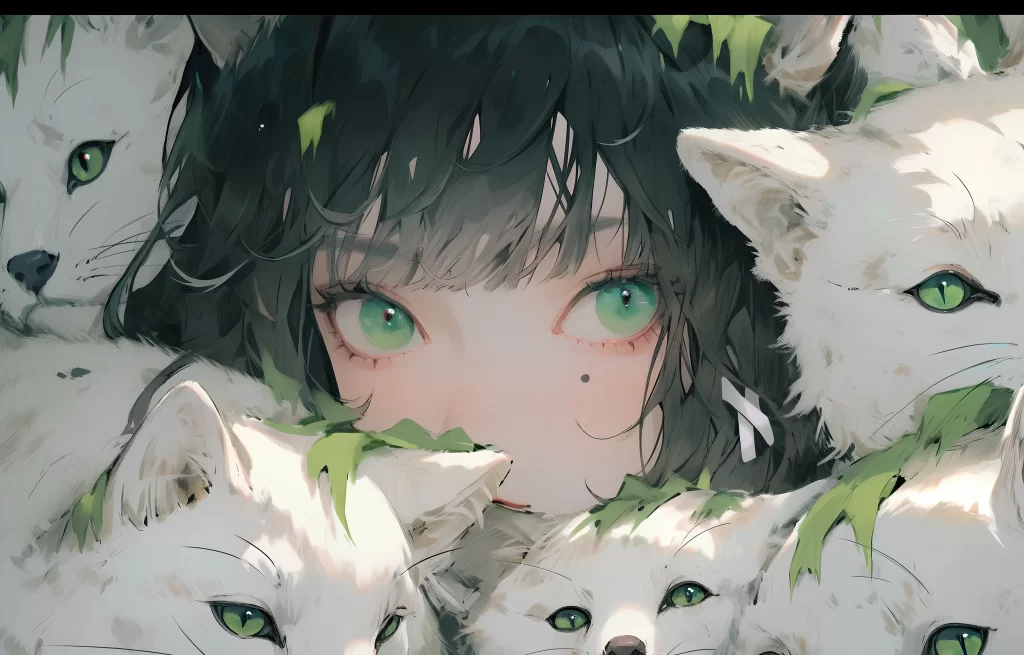 Girl White Cats Green Eyes Black