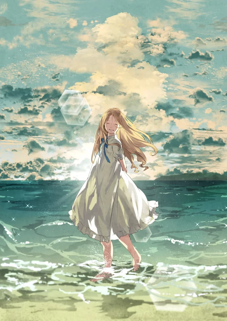 Girl White Dress Blue Ribbon Ocean