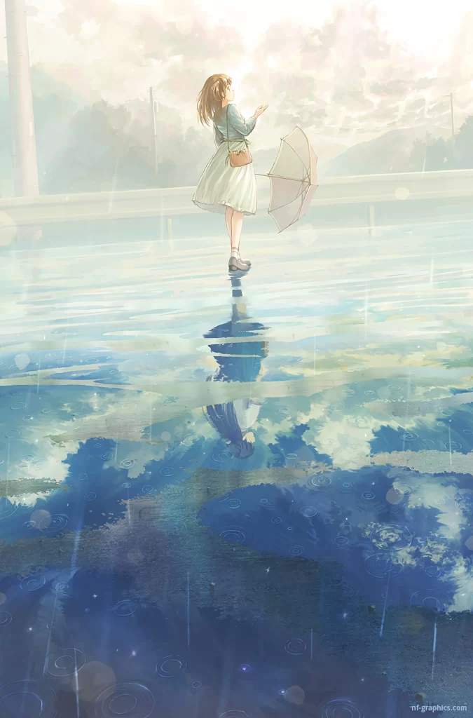 Girl White Dress Blue Sky Reflection