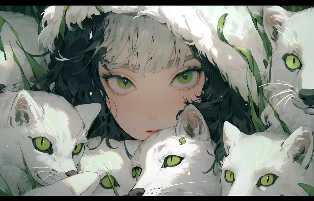 Girl White Green Fantasy Animals