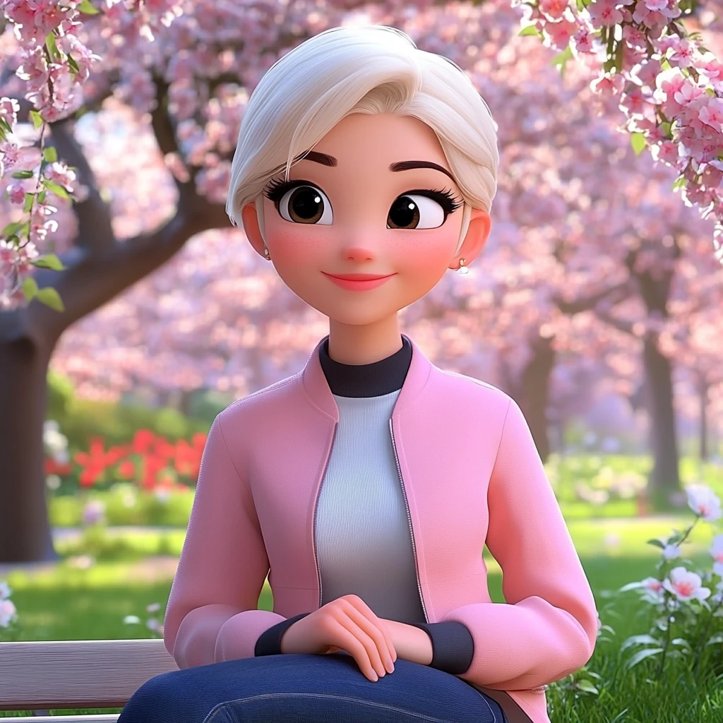 Girl White Hair Pink Jacket Blue Jeans Cherry Blossom Park 3d Animation