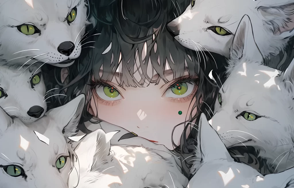 Girl White Wolves Green Eyes Dark