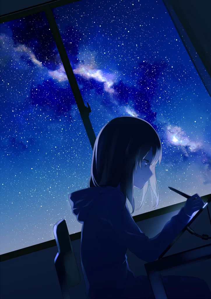 Girl Writing Starry Night Blue Black