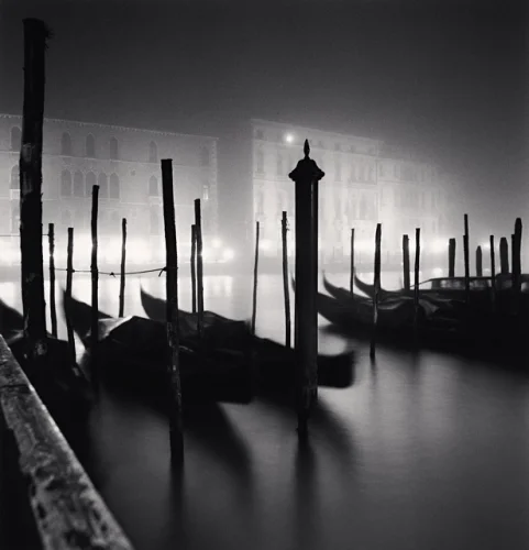 Gondolas Water Poles Foggy Dramatic Atmospheric Cityscape