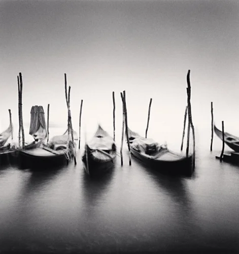 Gondolas Water Poles Foggy Dramatic Atmospheric Seascape