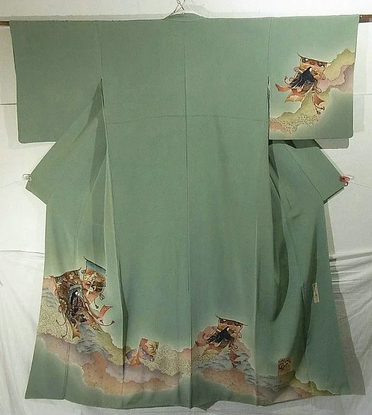 Green Crane Kimono Silk Wave Elegant Ceremonial