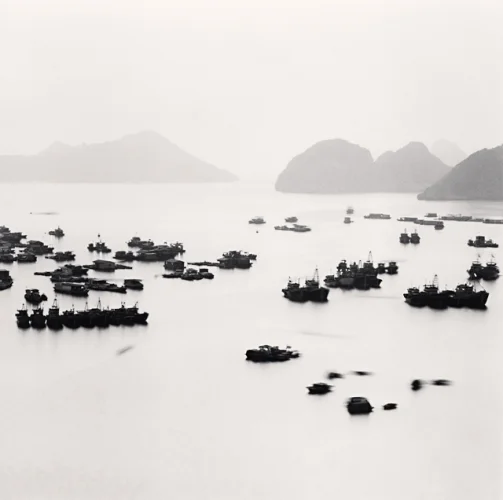 Harbor Boats Silhouettes Foggy Dramatic Atmospheric Seascape