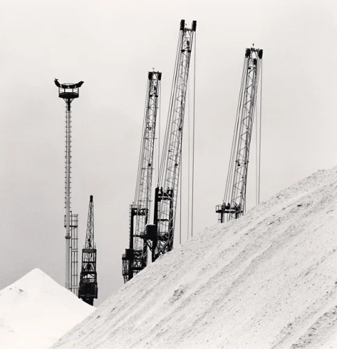 Industrial Cranes Snowy Landscape Minimalist High Contrast