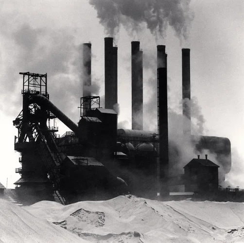 Industrial Factory Smokestacks High Contrast Atmospheric Cityscape