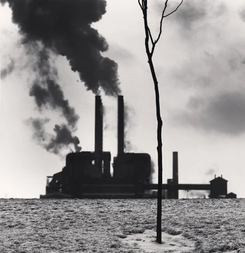 Industrial Landscape Smokestacks High Contrast Dramatic Atmospheric