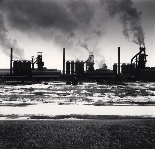 Industrial Landscape Smokestacks High Contrast Dramatic Atmospheric
