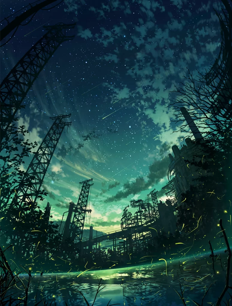 Industrial Night Sky Blue Green Stars