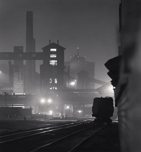 Industrial Nighttime Train Tracks High Contrast Mysterious Cityscape
