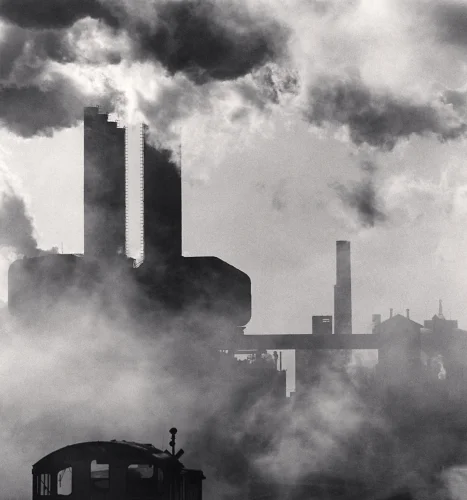 Industrial Silhouettes Smokestacks Foggy Dramatic Atmospheric Cityscape
