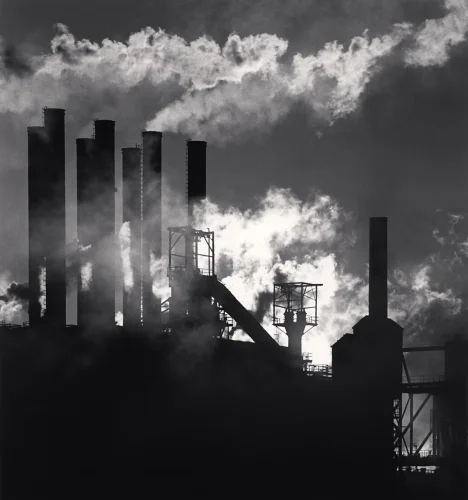 Industrial Silhouettes Smokestacks High Contrast Atmospheric Cityscape