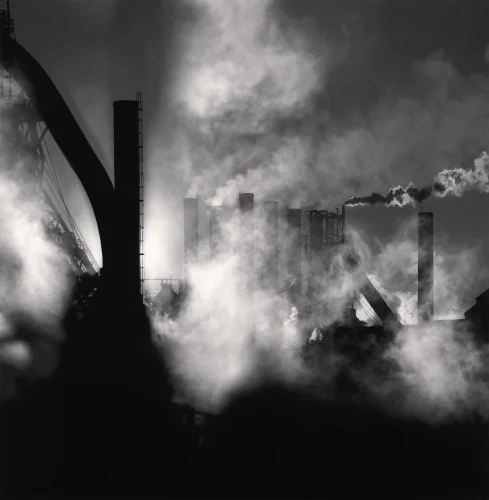 Industrial Smokestacks Foggy High Contrast Atmospheric Cityscape