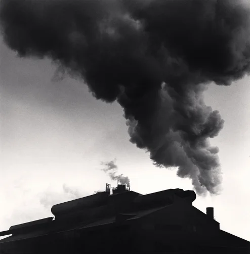 Industrial Smokestacks High Contrast Dramatic Atmospheric Cityscape