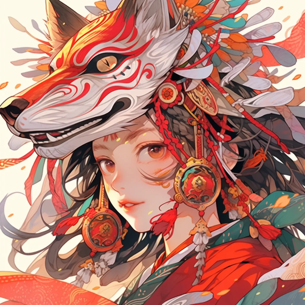Japanese beautiful girl colorful cartoon fox portrait mask face demon animation woman lady