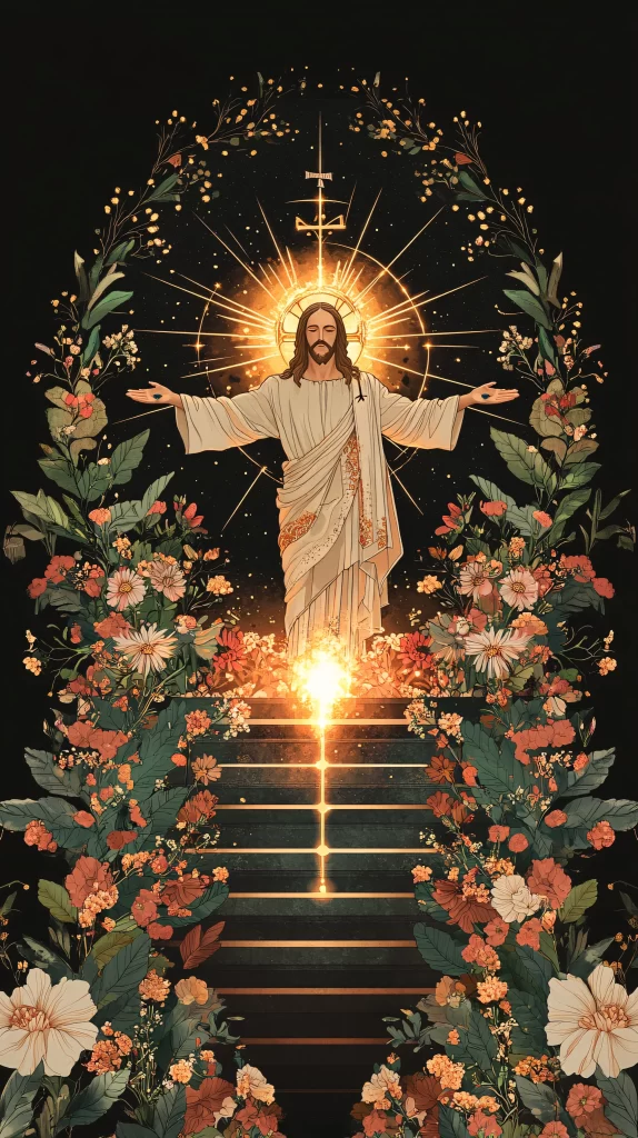 Jesus Ascension Golden Light Flowers