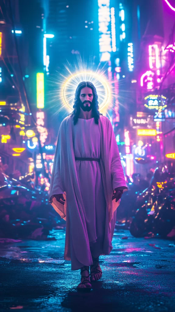 Jesus Ascension Neon Light Cityscape 991