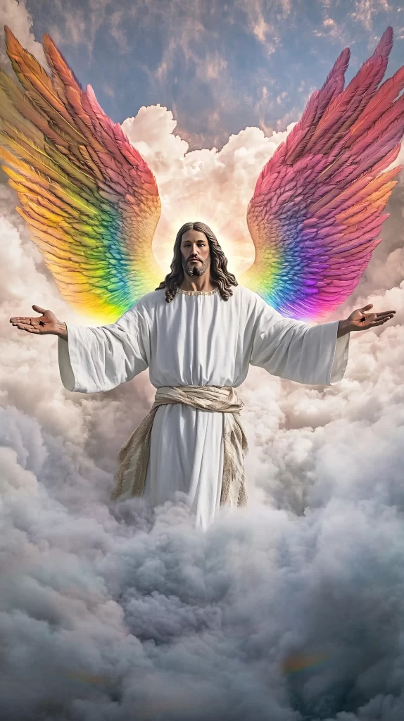 Jesus Ascension Rainbow Wings Clouds