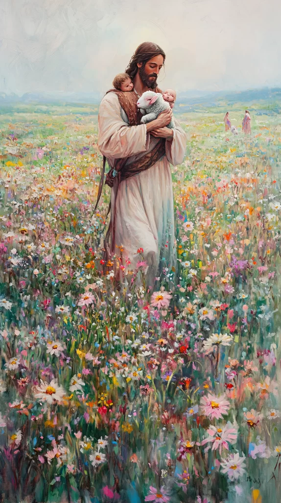 Jesus Field Flowers Child Lamb