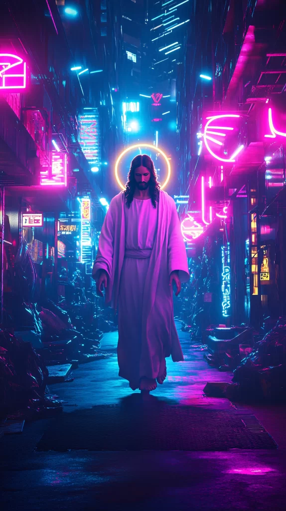 Jesus Halo Neon Lights Cityscape 228