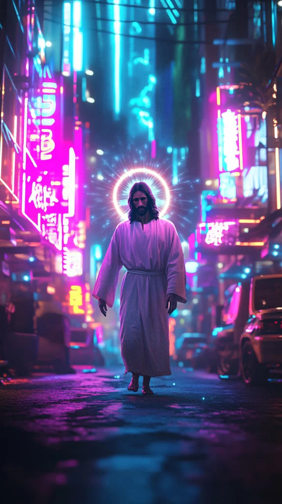 Jesus Halo Neon Lights Cityscape 256