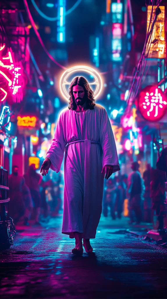 Jesus Halo Neon Lights Crowd