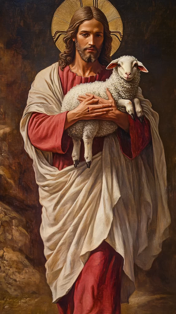 Jesus Shepherd White Lamb Red