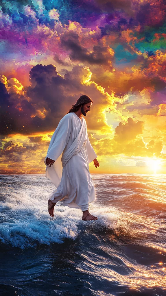 Jesus Water Walking Rainbow Sky